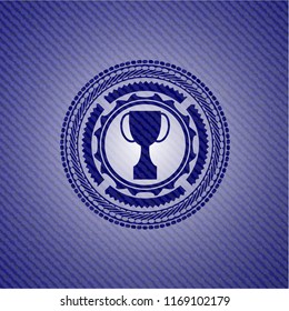 trophy icon inside emblem with denim high quality background