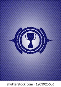 trophy icon inside emblem with denim texture