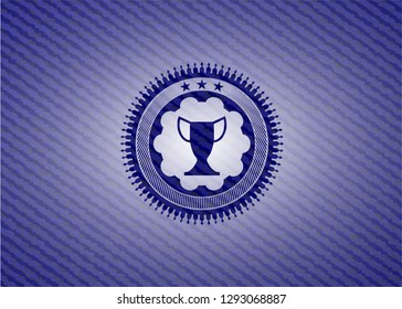 trophy icon inside emblem with denim texture