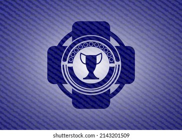 trophy icon inside emblem with denim texture. 