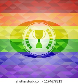 trophy icon inside emblem on mosaic background with the colors of the LGBT flag