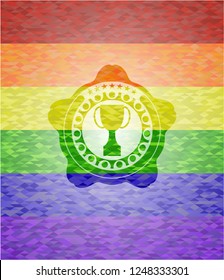 trophy icon inside emblem on mosaic background with the colors of the LGBT flag