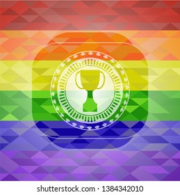 trophy icon inside emblem on mosaic background with the colors of the LGBT flag