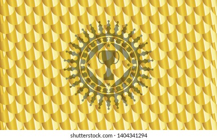 trophy icon inside gold badge or emblem. Scales pattern. Vector Illustration. Detailed.