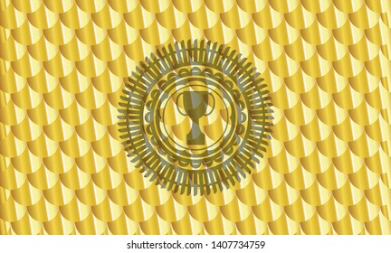 trophy icon inside gold badge or emblem. Scales pattern. Vector Illustration. Detailed.