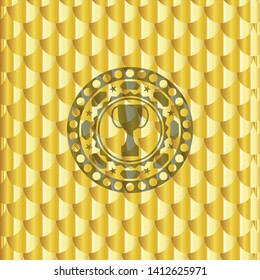 trophy icon inside gold badge or emblem. Scales pattern. Vector Illustration. Detailed.