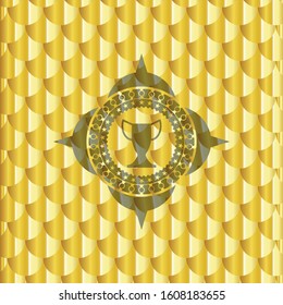 trophy icon inside gold badge or emblem. Scales pattern. Vector Illustration. Detailed.