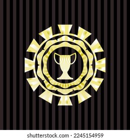 trophy icon inside gold emblem. 