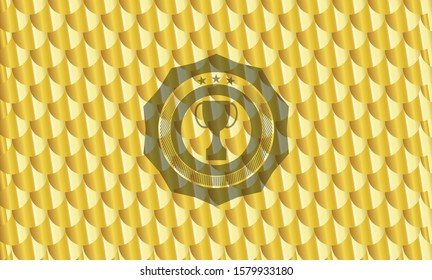 trophy icon inside gold shiny emblem. Scales pattern. Vector Illustration. Detailed.
