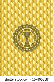 trophy icon inside gold shiny emblem. Scales pattern. Vector Illustration. Detailed.