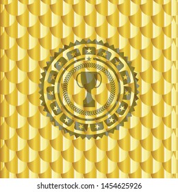 trophy icon inside golden badge. Scales pattern. Vector Illustration. Detailed.