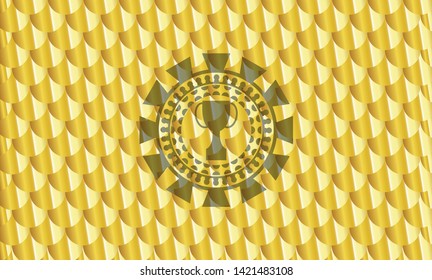 trophy icon inside golden emblem. Scales pattern. Vector Illustration. Detailed.