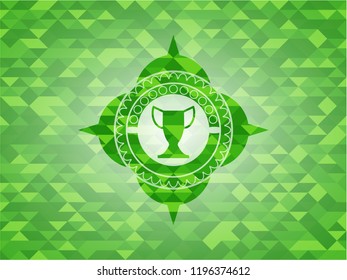 trophy icon inside green emblem with mosaic ecological style background