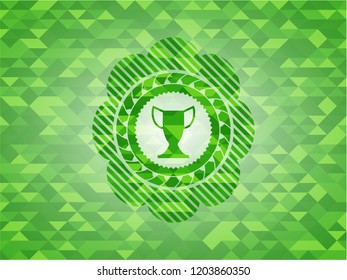trophy icon inside green emblem. Mosaic background
