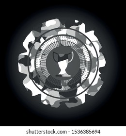 trophy icon inside grey camouflaged emblem