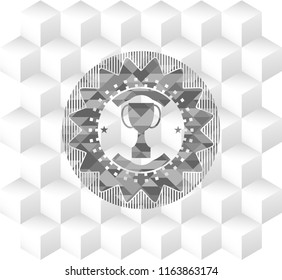 trophy icon inside grey emblem with cube white background