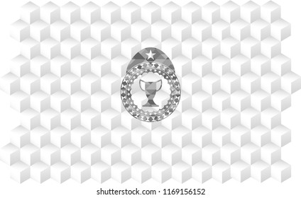 trophy icon inside grey icon or emblem with geometric cube white background