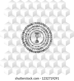 trophy icon inside grey emblem with cube white background
