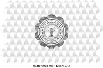 trophy icon inside grey icon or emblem with geometric cube white background