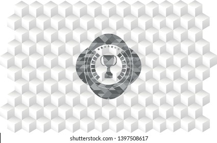 trophy icon inside grey emblem. Retro with geometric cube white background