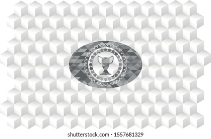 trophy icon inside grey emblem. Retro with geometric cube white background