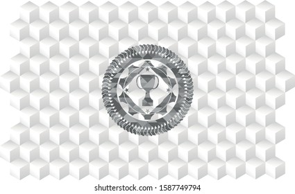 trophy icon inside grey emblem with cube white background