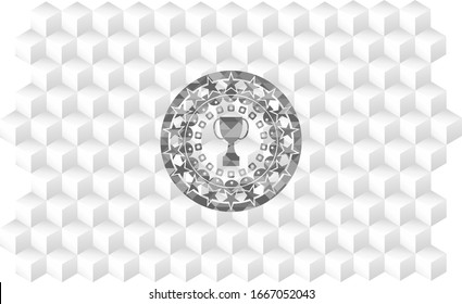 Trophäe Symbol in grauem Emblem. Vintage mit geometrisch-weißem Hintergrund