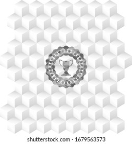 trophy icon inside grey icon or emblem with geometric cube white background