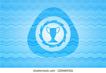 trophy icon inside light blue water emblem background.