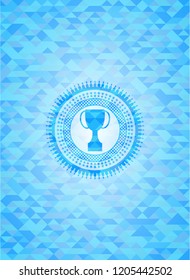 trophy icon inside light blue emblem with triangle mosaic background