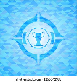 trophy icon inside light blue mosaic emblem