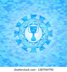 trophy icon inside light blue mosaic emblem