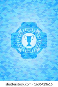 trophy icon inside light blue emblem. Mosaic background