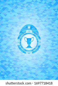 trophy icon inside light blue emblem. Mosaic background