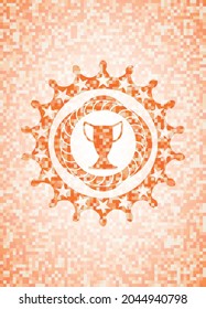 trophy icon inside orange tile background illustration. Square geometric mosaic seamless pattern with emblem inside. 