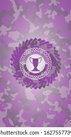 trophy icon inside pink camouflaged emblem