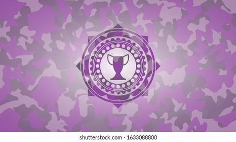 trophy icon inside pink and purple camouflaged emblem