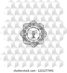 trophy icon inside realistic grey emblem with geometric cube white background