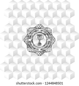 trophy icon inside realistic grey emblem with geometric cube white background
