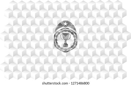 trophy icon inside realistic grey emblem with cube white background