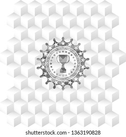 trophy icon inside realistic grey emblem with cube white background