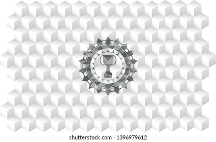 trophy icon inside realistic grey emblem with cube white background