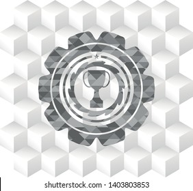 trophy icon inside realistic grey emblem with cube white background