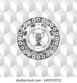 trophy icon inside realistic grey emblem with cube white background