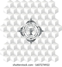 trophy icon inside realistic grey emblem with cube white background