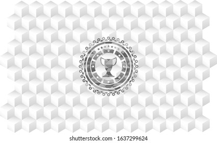 trophy icon inside realistic grey emblem with cube white background