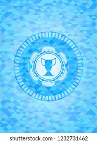 trophy icon inside realistic light blue emblem. Mosaic background