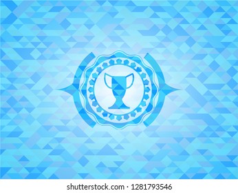 trophy icon inside realistic light blue emblem. Mosaic background