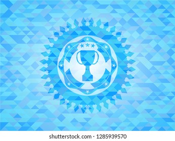 trophy icon inside realistic light blue emblem. Mosaic background