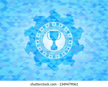 trophy icon inside realistic light blue emblem. Mosaic background